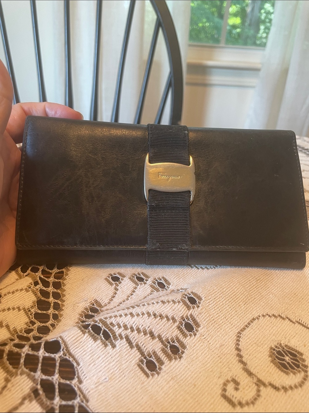 Salvatore Ferragamo Vara Black Leather Wallet with Silver Buckle